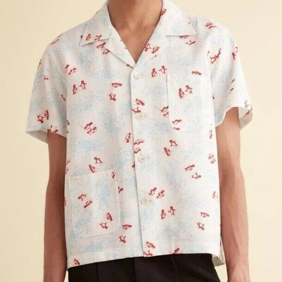 BODE Skiing Penguins Short Sleeve Men's Shirt Buttondown Printed Cotton L 276873 - Picture 1 of 7